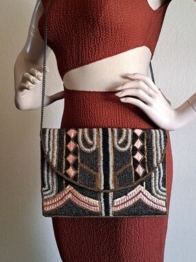 Art Deco Beaded Evening Bag Gatsby Envelope Clutch Chain Strap